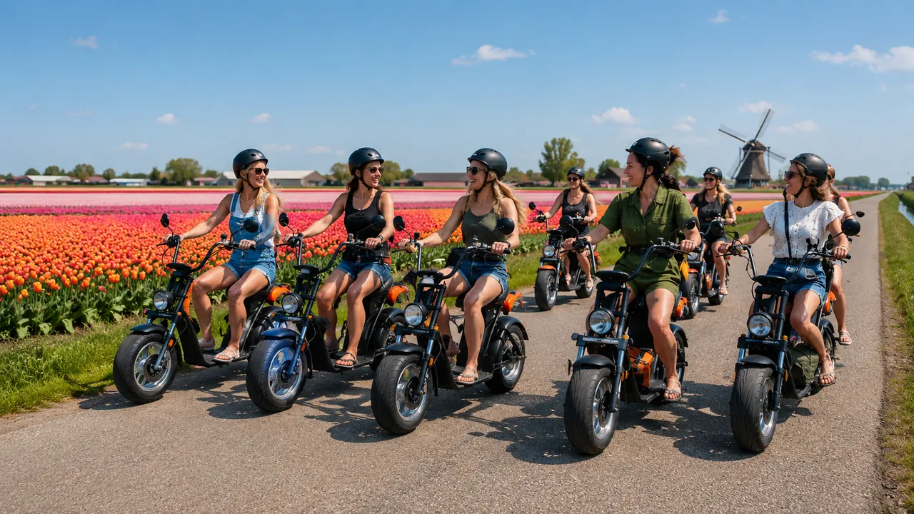 Freunde auf E-Choppern von Fred’s Verhuur an Tulpenfeldern mit Windmühle
